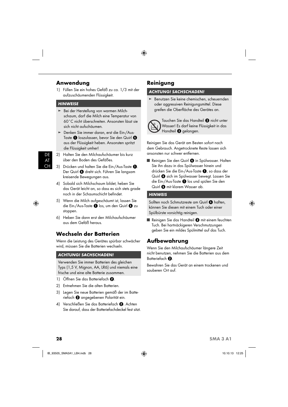 Anwendung, Wechseln der batterien, Reinigung | Aufbewahrung | Silvercrest SMA 3 A1 User Manual | Page 31 / 34