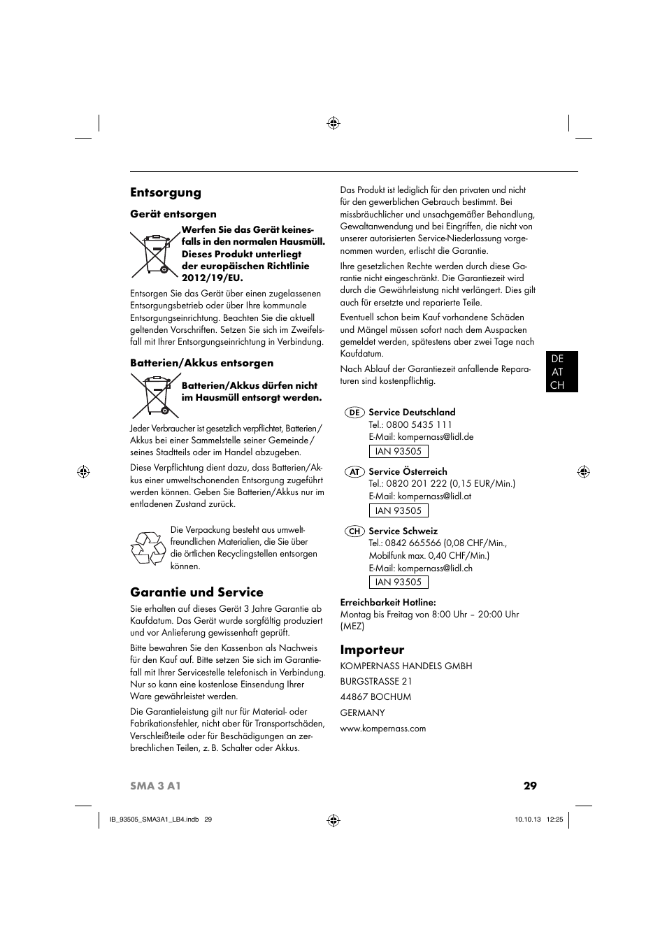 Entsorgung, Garantie und service, Importeur | Silvercrest SMA 3 A1 User Manual | Page 32 / 34