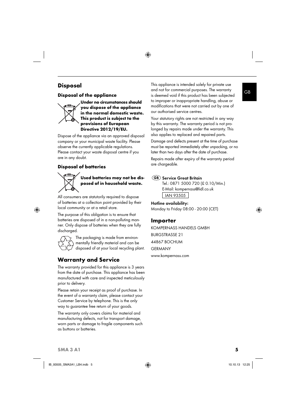 Disposal, Warranty and service, Importer | Silvercrest SMA 3 A1 User Manual | Page 8 / 34