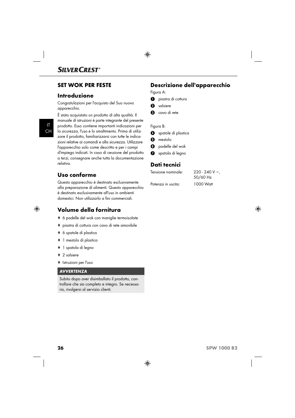 Set wok per feste introduzione, Uso conforme, Volume della fornitura | Descrizione dell'apparecchio, Dati tecnici | Silvercrest SPW 1000 B2 User Manual | Page 29 / 52