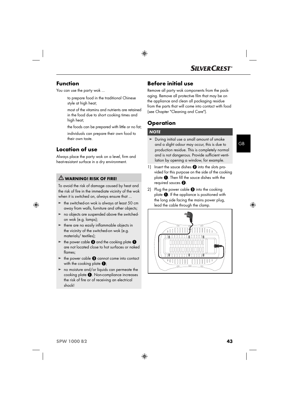 Function, Location of use, Before initial use | Operation | Silvercrest SPW 1000 B2 User Manual | Page 46 / 52