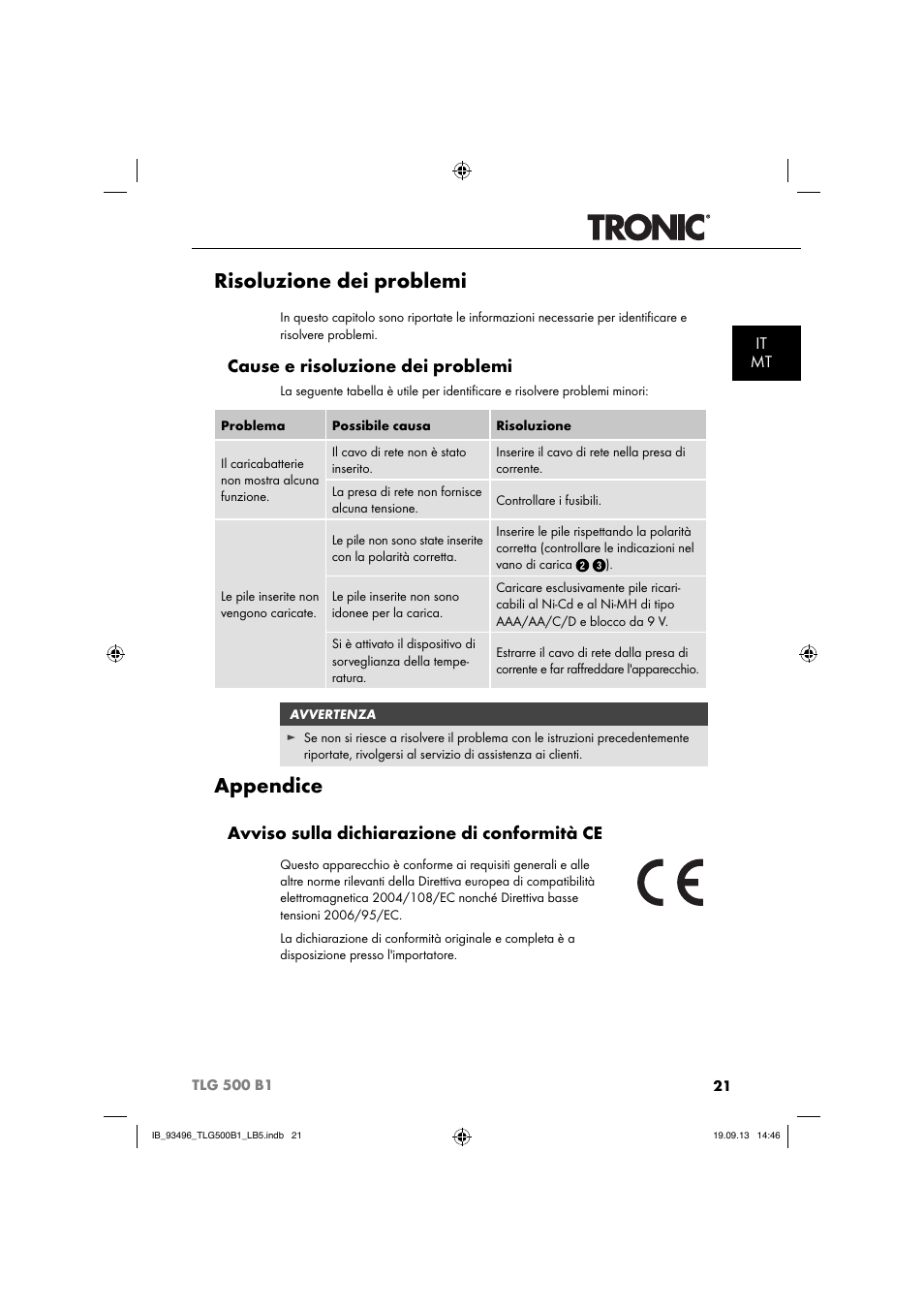 Risoluzione dei problemi, Appendice, Cause e risoluzione dei problemi | Avviso sulla dichiarazione di conformità ce, It mt | Silvercrest TLG 500 B1 User Manual | Page 24 / 63