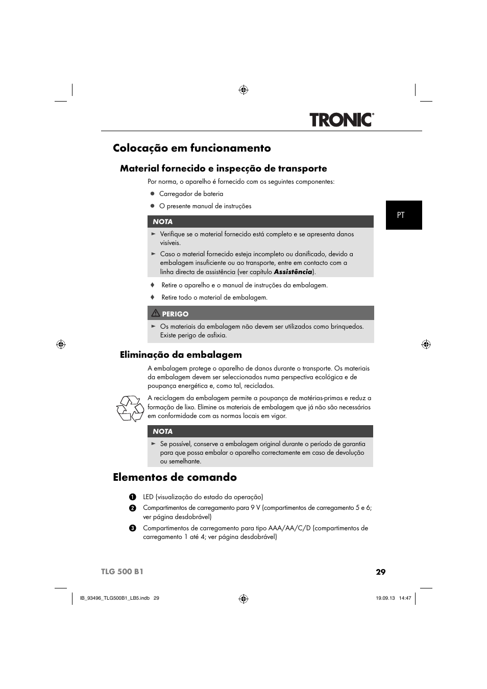 Colocação em funcionamento, Elementos de comando, Material fornecido e inspecção de transporte | Eliminação da embalagem | Silvercrest TLG 500 B1 User Manual | Page 32 / 63