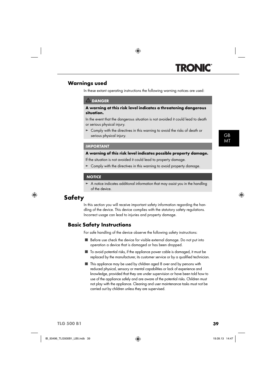 Safety, Warnings used, Basic safety instructions | Gb mt | Silvercrest TLG 500 B1 User Manual | Page 42 / 63