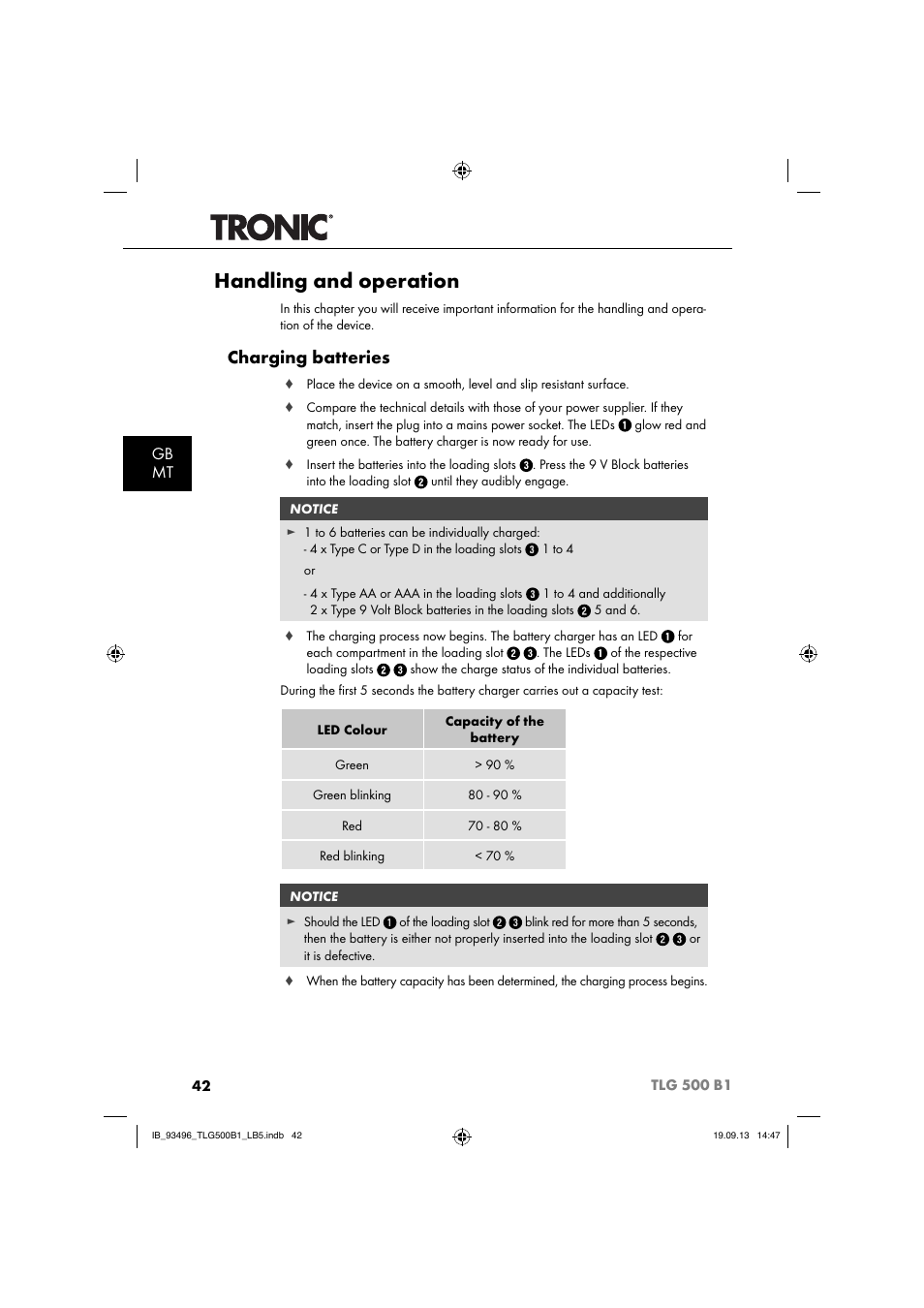 Handling and operation, Charging batteries, Gb mt | Silvercrest TLG 500 B1 User Manual | Page 45 / 63