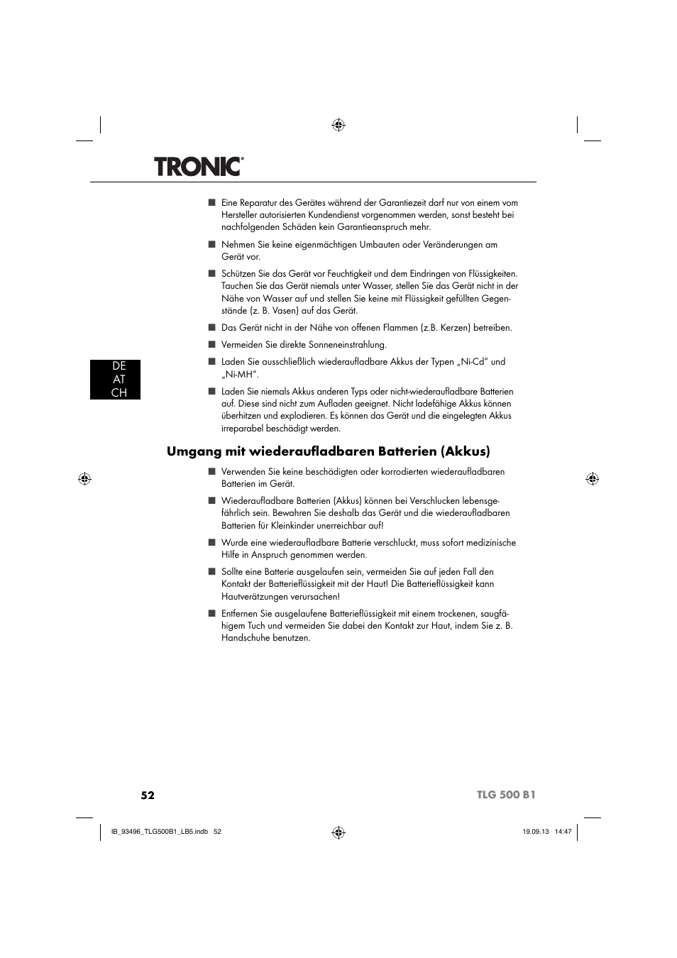 Umgang mit wiederauﬂ adbaren batterien (akkus), De at ch | Silvercrest TLG 500 B1 User Manual | Page 55 / 63
