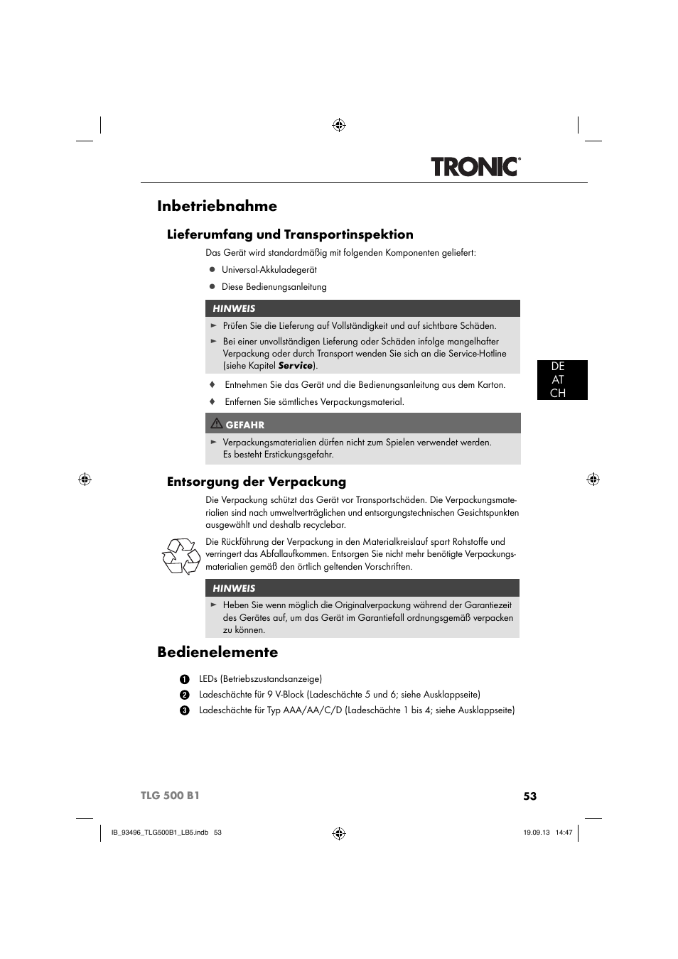 Inbetriebnahme, Bedienelemente, Lieferumfang und transportinspektion | Entsorgung der verpackung, De at ch | Silvercrest TLG 500 B1 User Manual | Page 56 / 63