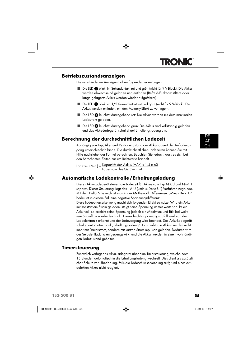 Betriebszustandsanzeigen, Berechnung der durchschnittlichen ladezeit, Automatische ladekontrolle / erhaltungsladung | Timersteuerung, De at ch | Silvercrest TLG 500 B1 User Manual | Page 58 / 63