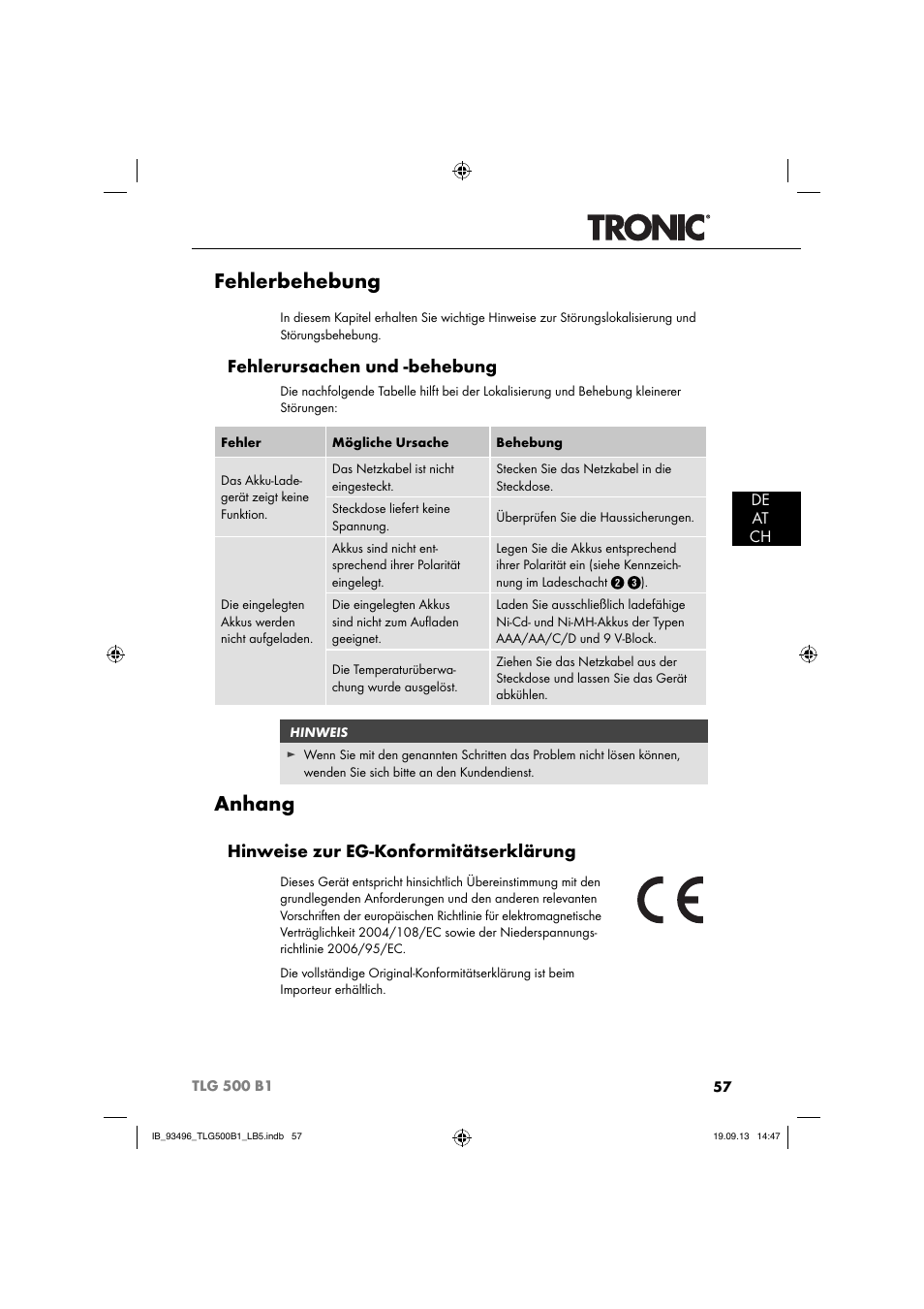Fehlerbehebung, Anhang, Fehlerursachen und -behebung | Hinweise zur eg-konformitätserklärung, De at ch | Silvercrest TLG 500 B1 User Manual | Page 60 / 63