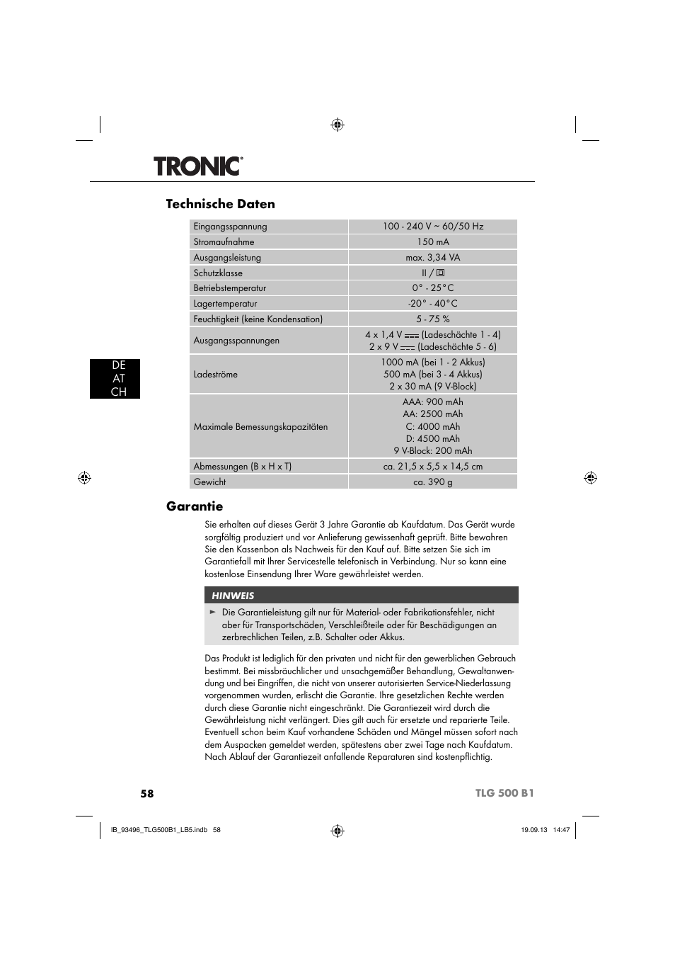 Technische daten, Garantie, De at ch | Silvercrest TLG 500 B1 User Manual | Page 61 / 63