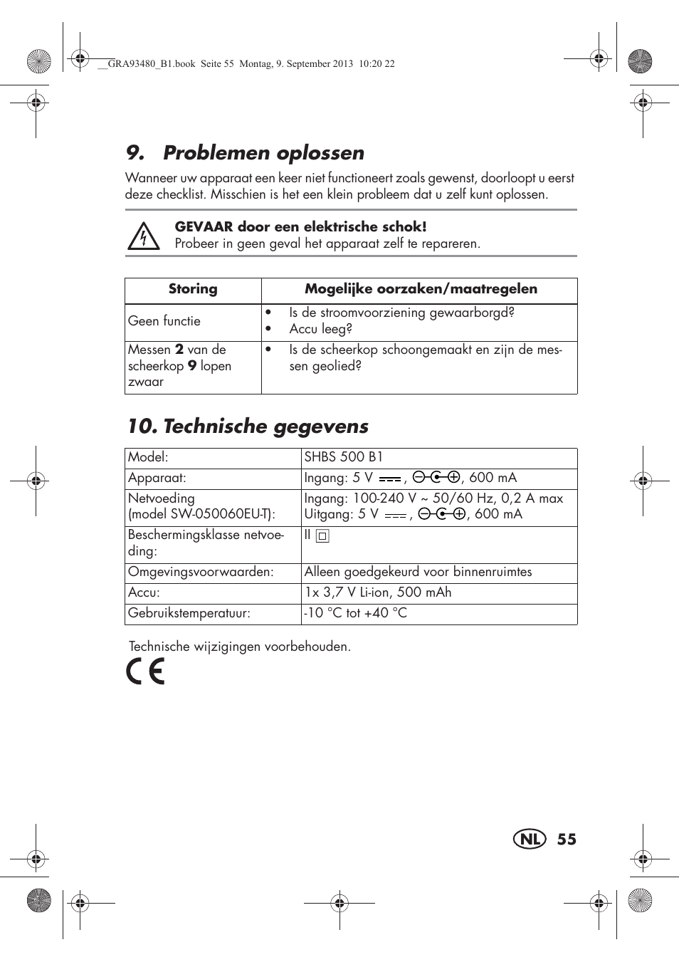 Problemen oplossen, Technische gegevens | Silvercrest SHBS 500 B1 User Manual | Page 57 / 76