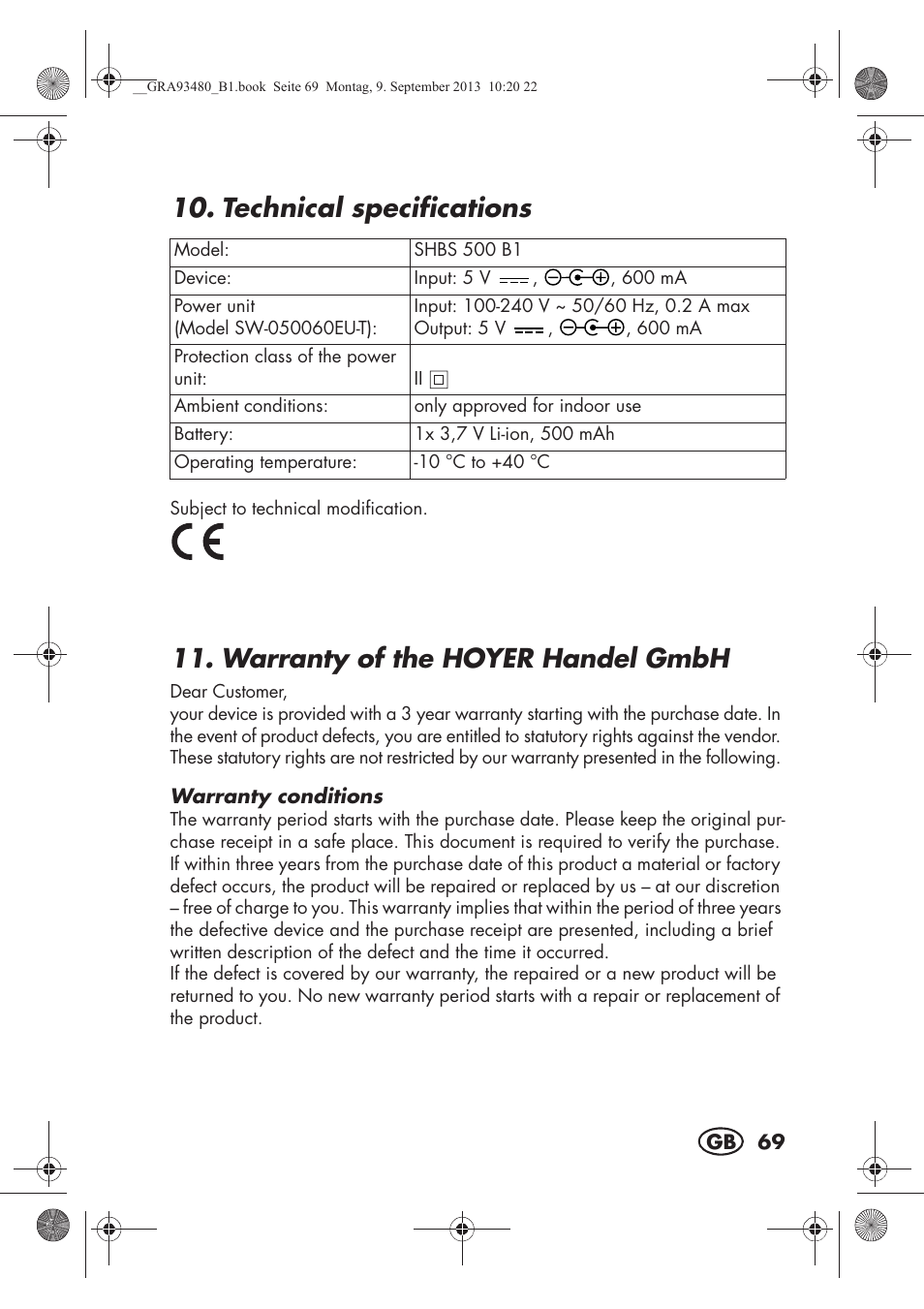 Technical specifications, Warranty of the hoyer handel gmbh | Silvercrest SHBS 500 B1 User Manual | Page 71 / 76