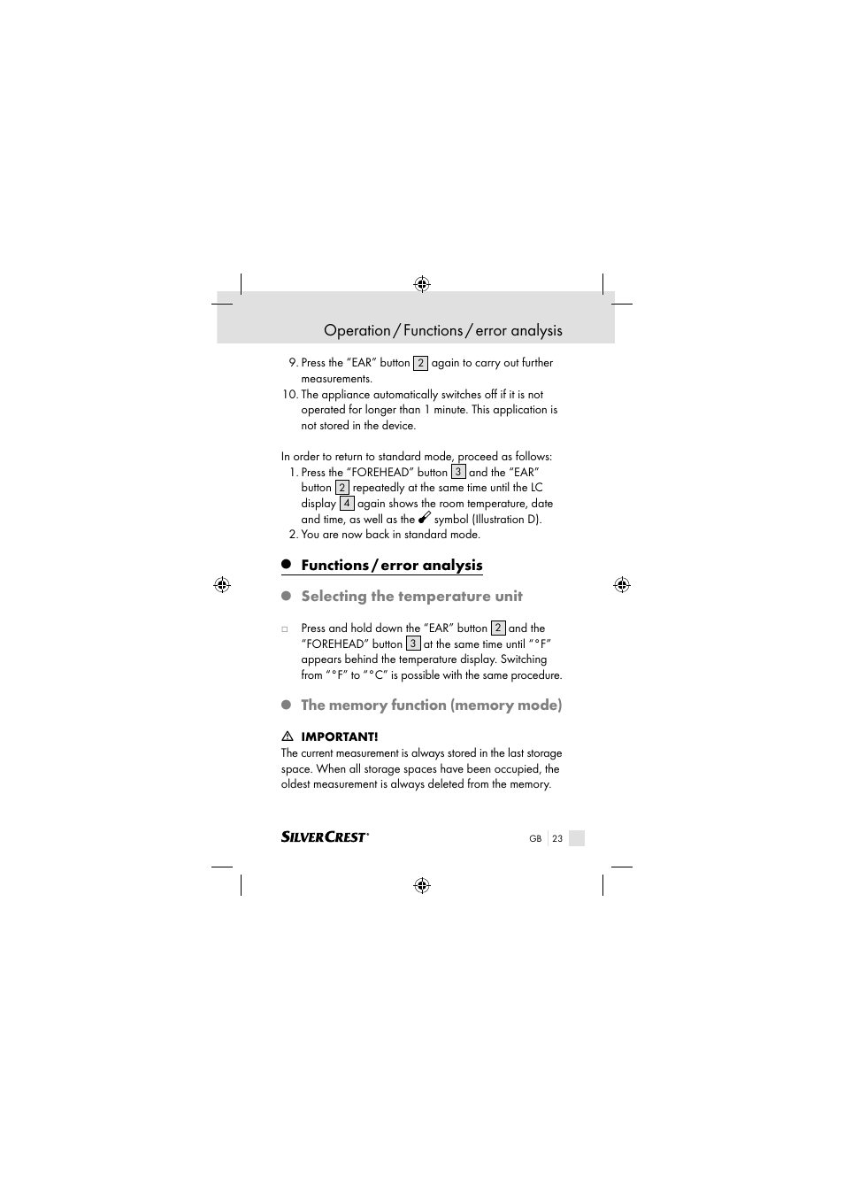 Operation / functions / error analysis, Functions / error analysis, Selecting the temperature unit | Silvercrest SSOT 6 B2 User Manual | Page 23 / 117