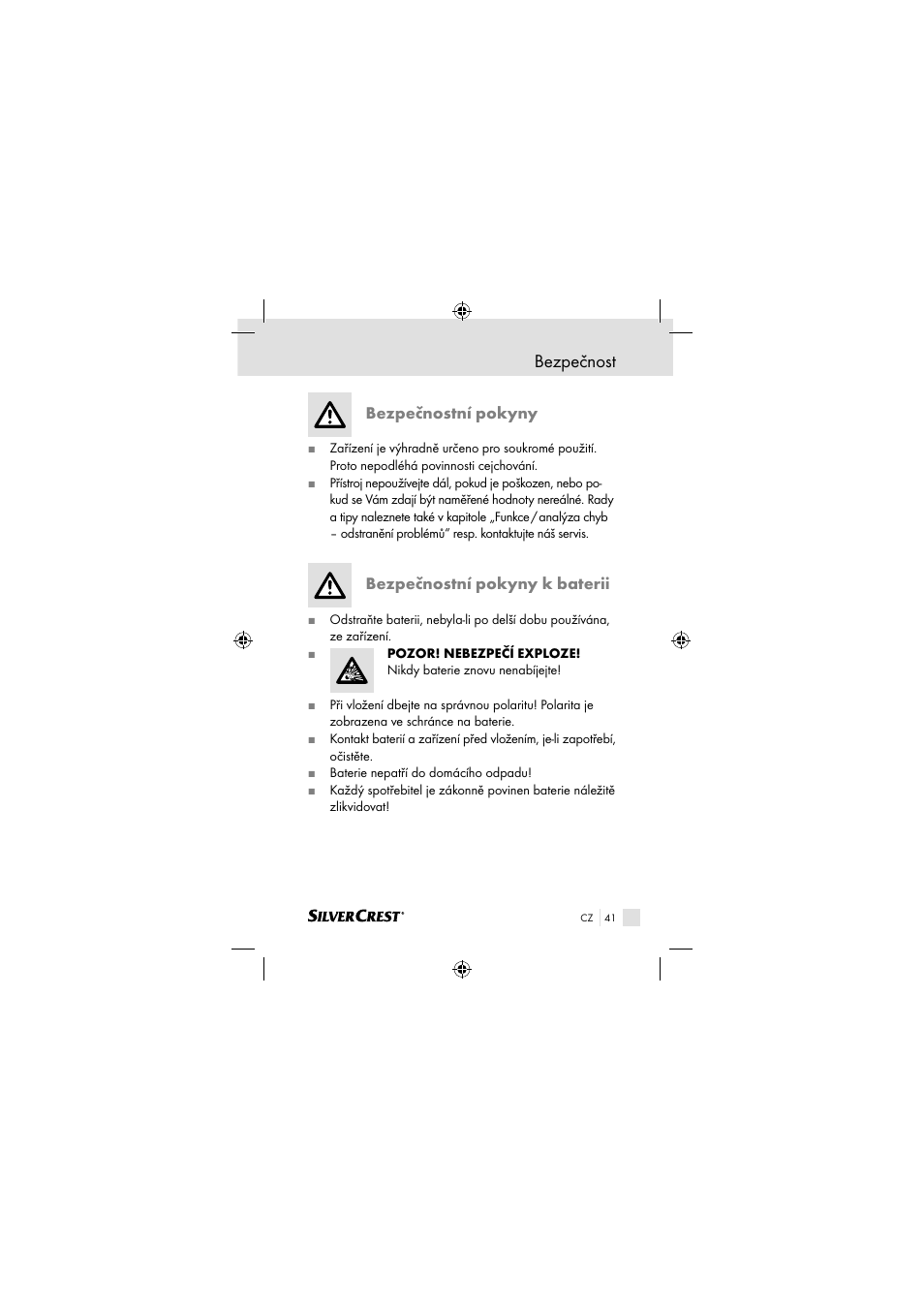 Bezpečnost, Bezpečnostní pokyny, Bezpečnostní pokyny k baterii | Silvercrest SSOT 6 B2 User Manual | Page 41 / 117