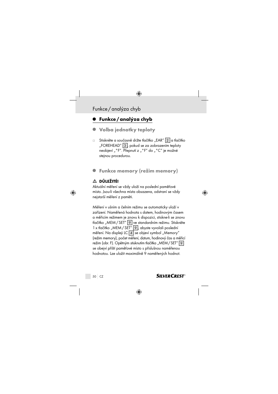 Funkce / analýza chyb, Volba jednotky teploty | Silvercrest SSOT 6 B2 User Manual | Page 50 / 117