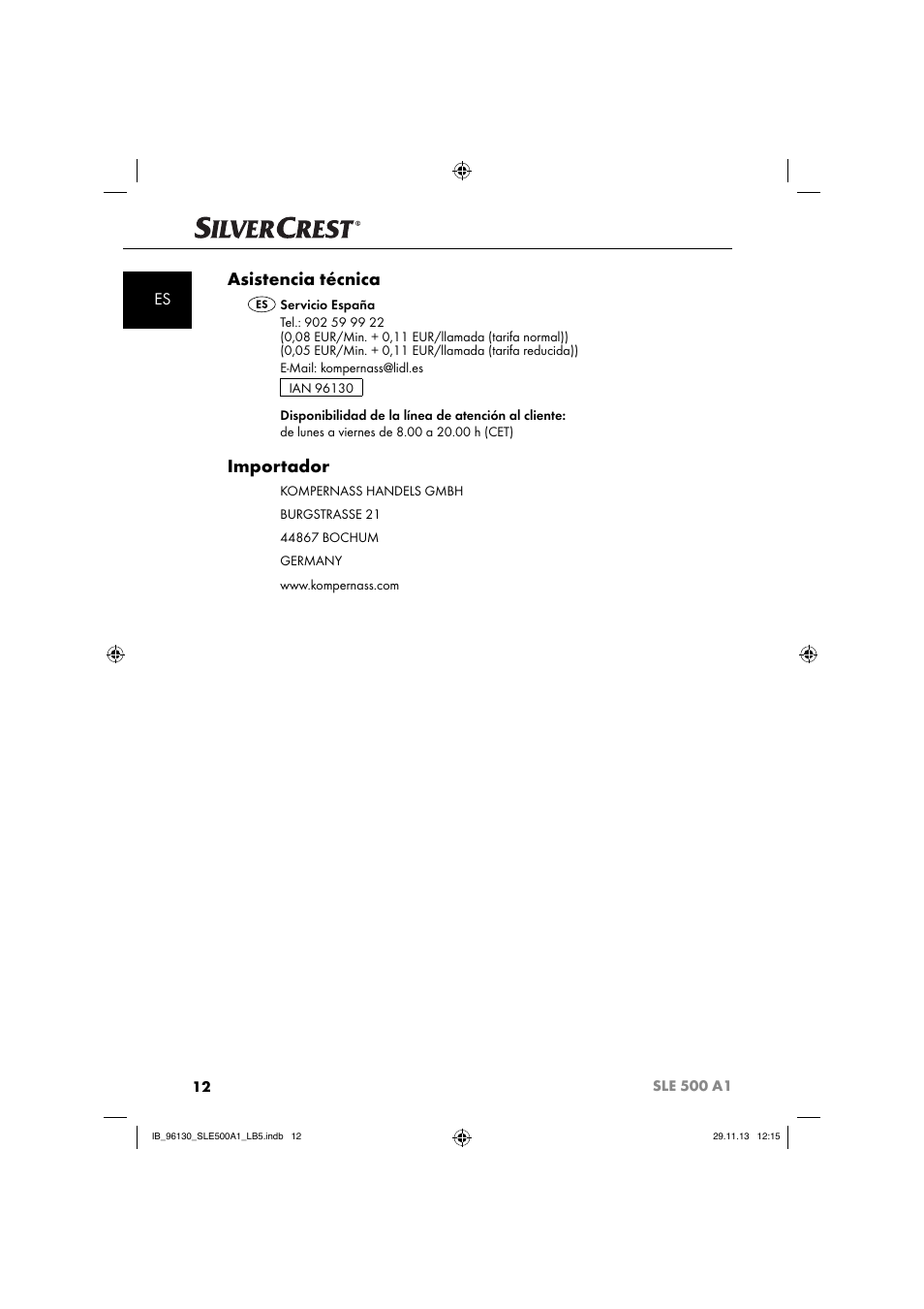 Asistencia técnica, Importador | Silvercrest SLE 500 A1 User Manual | Page 15 / 52