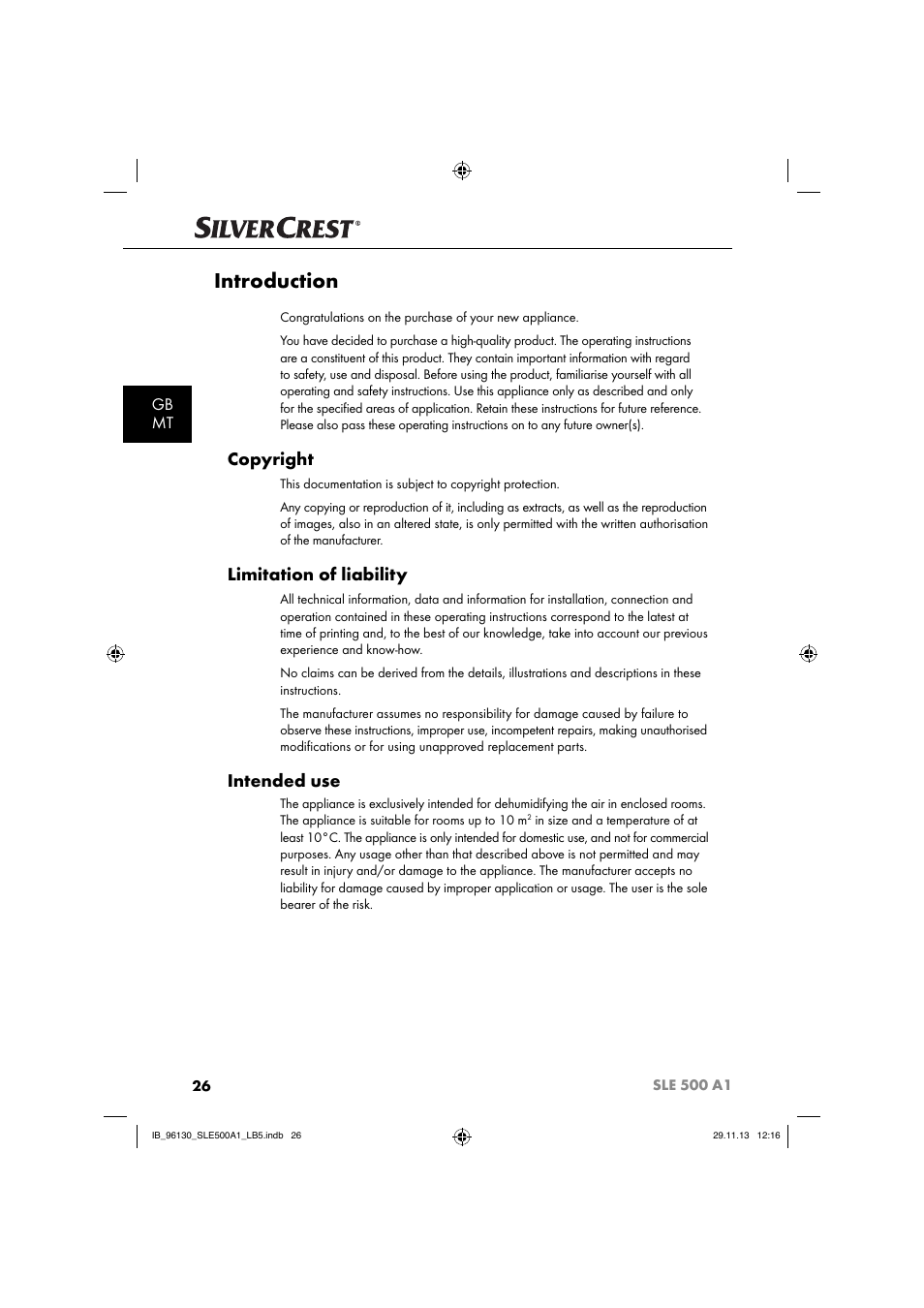 Introduction, Copyright, Limitation of liability | Intended use, Gb mt | Silvercrest SLE 500 A1 User Manual | Page 29 / 52