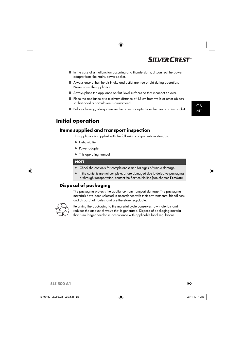 Initial operation, Items supplied and transport inspection, Disposal of packaging | Gb mt | Silvercrest SLE 500 A1 User Manual | Page 32 / 52