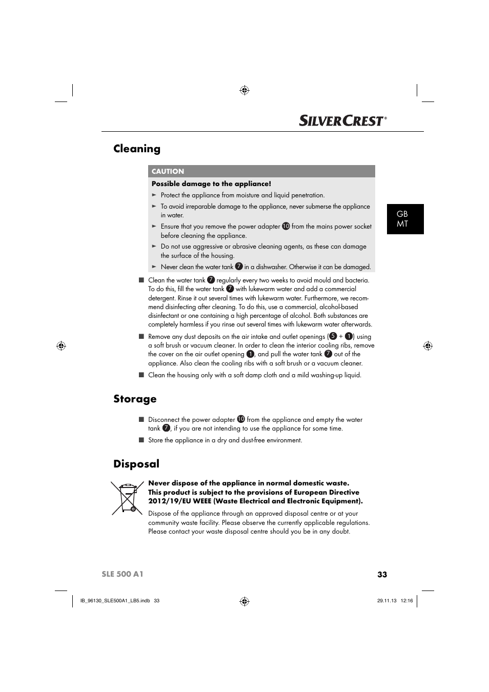 Cleaning, Storage, Disposal | Gb mt | Silvercrest SLE 500 A1 User Manual | Page 36 / 52