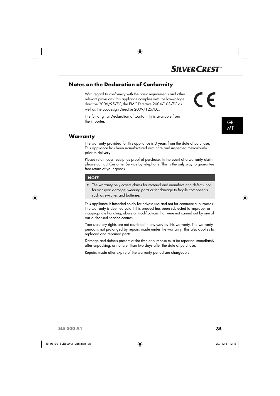 Warranty, Gb mt | Silvercrest SLE 500 A1 User Manual | Page 38 / 52