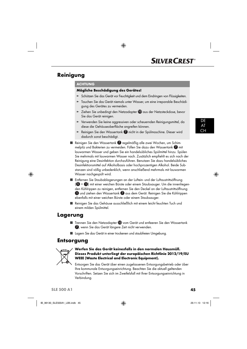 Reinigung, Lagerung, Entsorgung | De at ch | Silvercrest SLE 500 A1 User Manual | Page 48 / 52