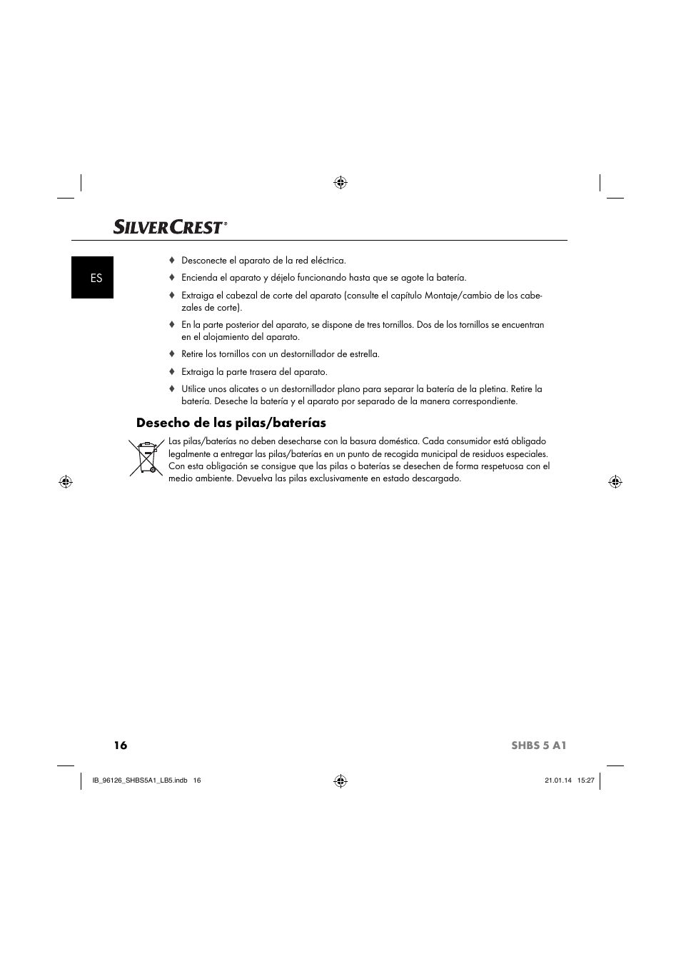 Desecho de las pilas/baterías | Silvercrest SHBS 5 A1 User Manual | Page 19 / 94