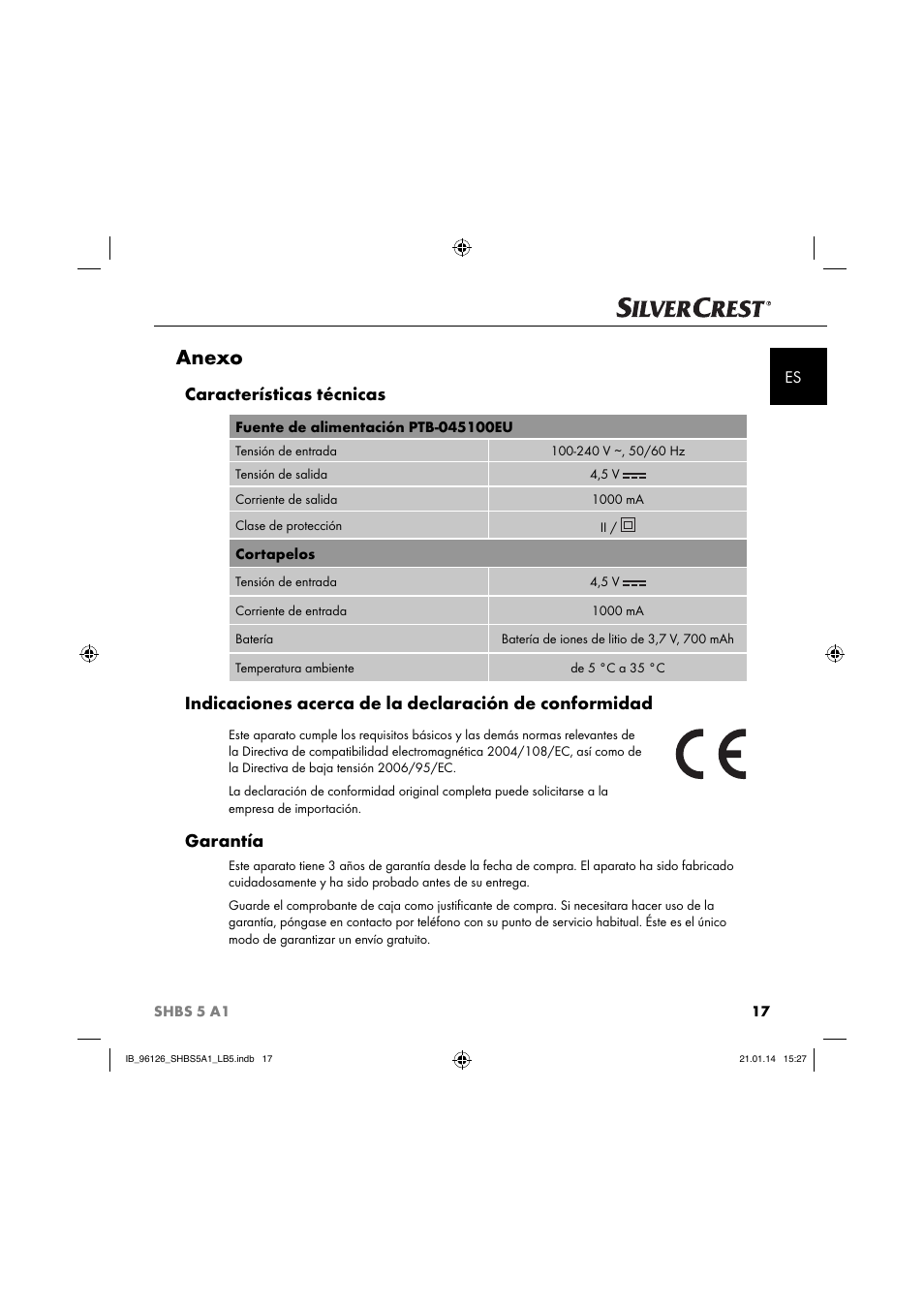Anexo, Características técnicas, Garantía | Silvercrest SHBS 5 A1 User Manual | Page 20 / 94