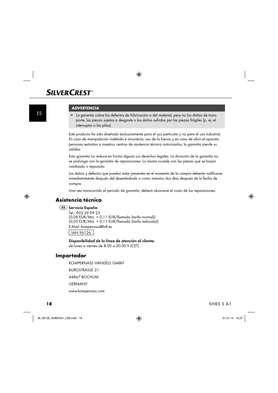 Asistencia técnica, Importador | Silvercrest SHBS 5 A1 User Manual | Page 21 / 94