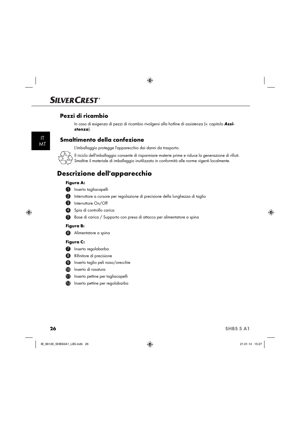 Descrizione dell'apparecchio, Pezzi di ricambio, Smaltimento della confezione | It mt | Silvercrest SHBS 5 A1 User Manual | Page 29 / 94