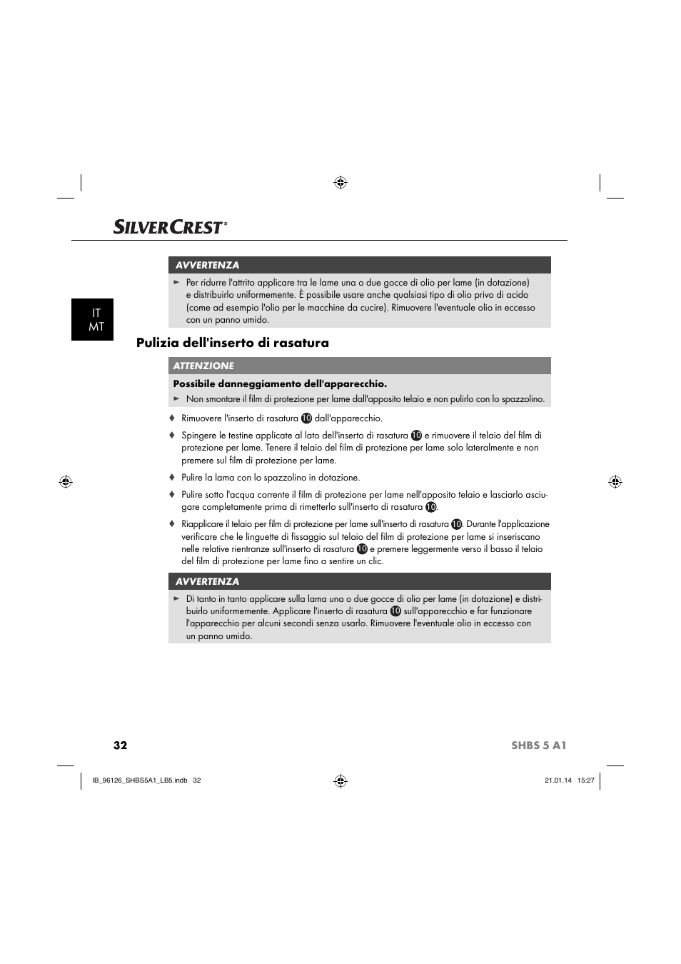 Pulizia dell'inserto di rasatura, It mt | Silvercrest SHBS 5 A1 User Manual | Page 35 / 94