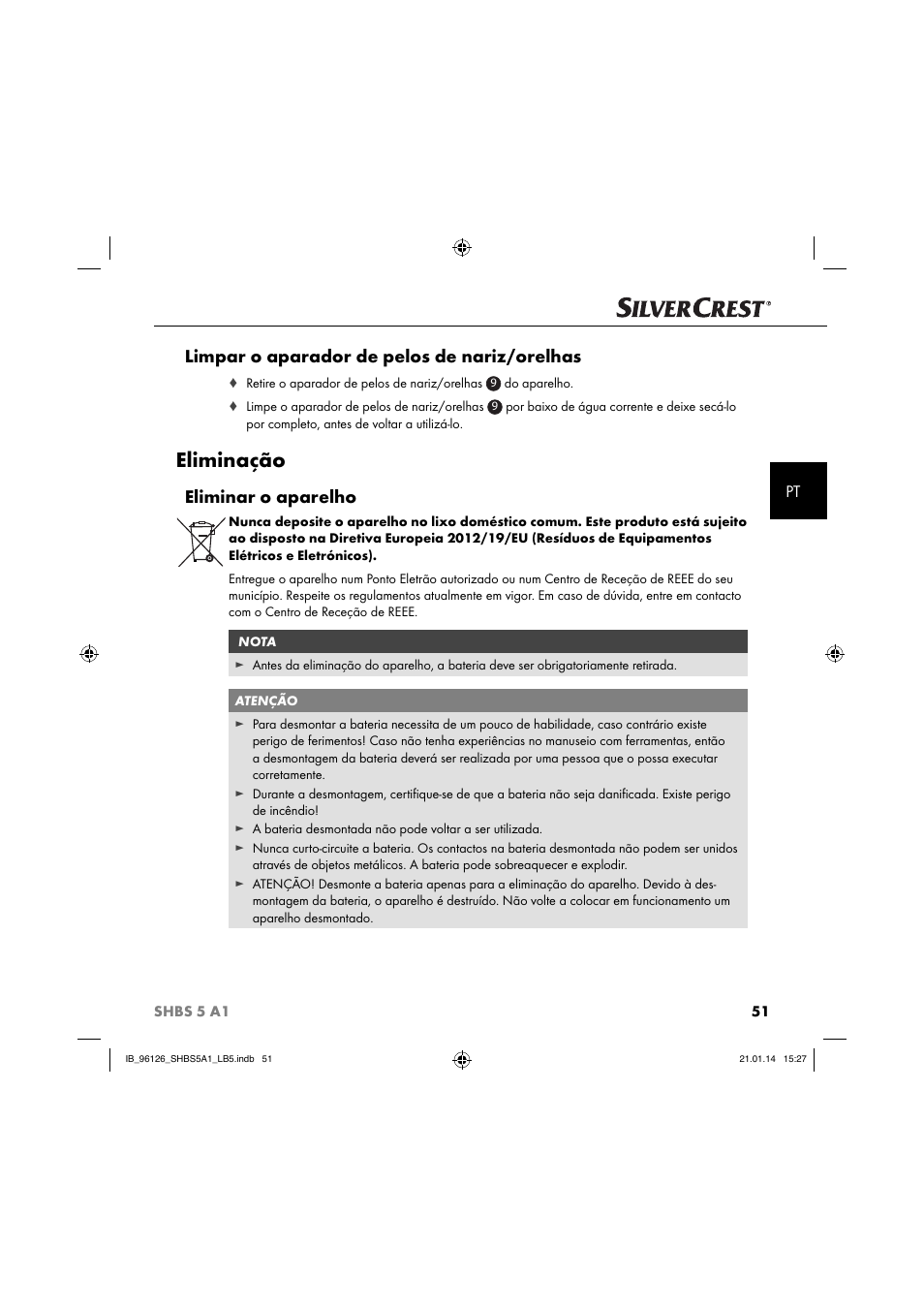 Eliminação, Limpar o aparador de pelos de nariz/orelhas, Eliminar o aparelho | Silvercrest SHBS 5 A1 User Manual | Page 54 / 94