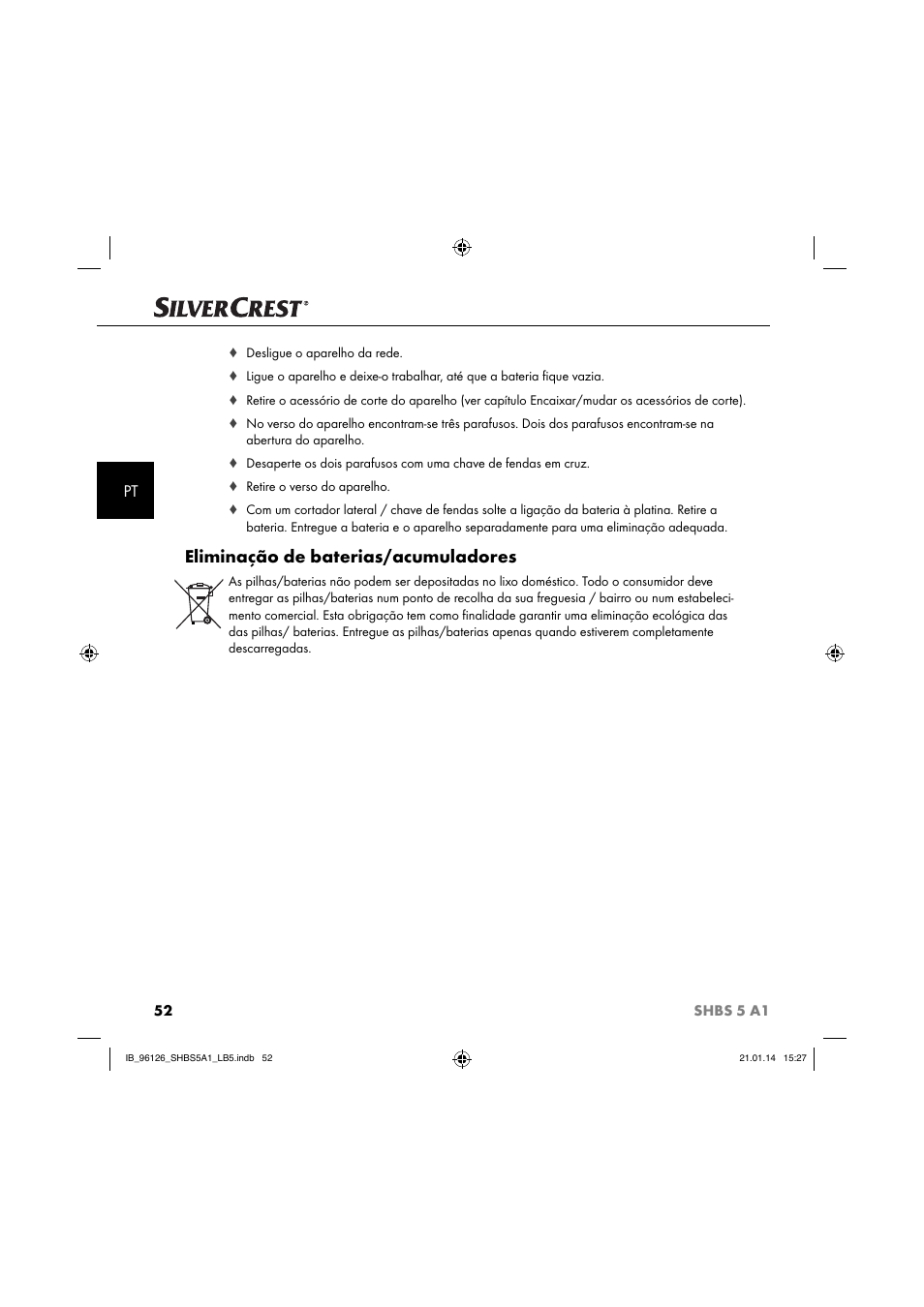 Eliminação de baterias/acumuladores | Silvercrest SHBS 5 A1 User Manual | Page 55 / 94