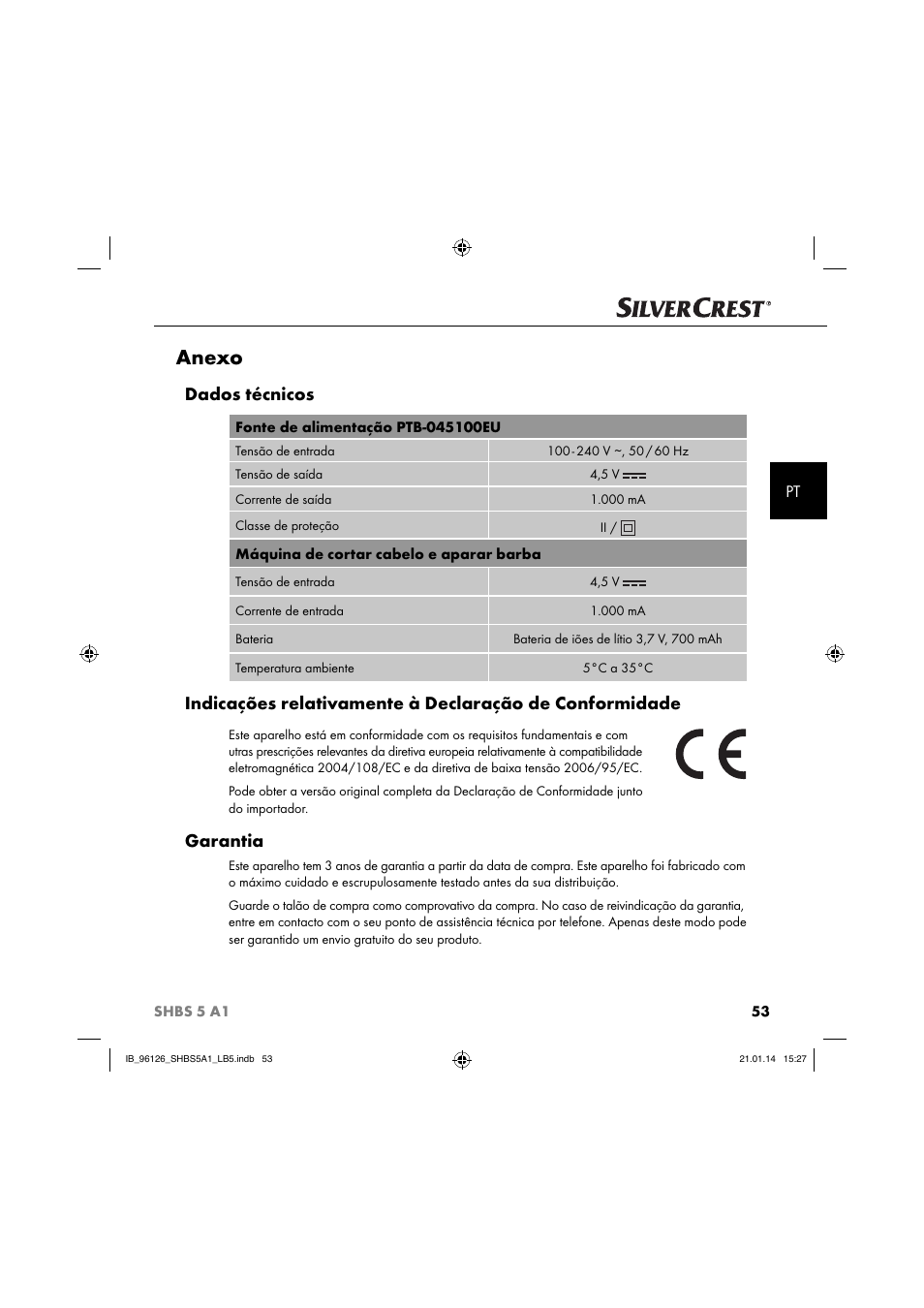 Anexo, Dados técnicos, Garantia | Silvercrest SHBS 5 A1 User Manual | Page 56 / 94