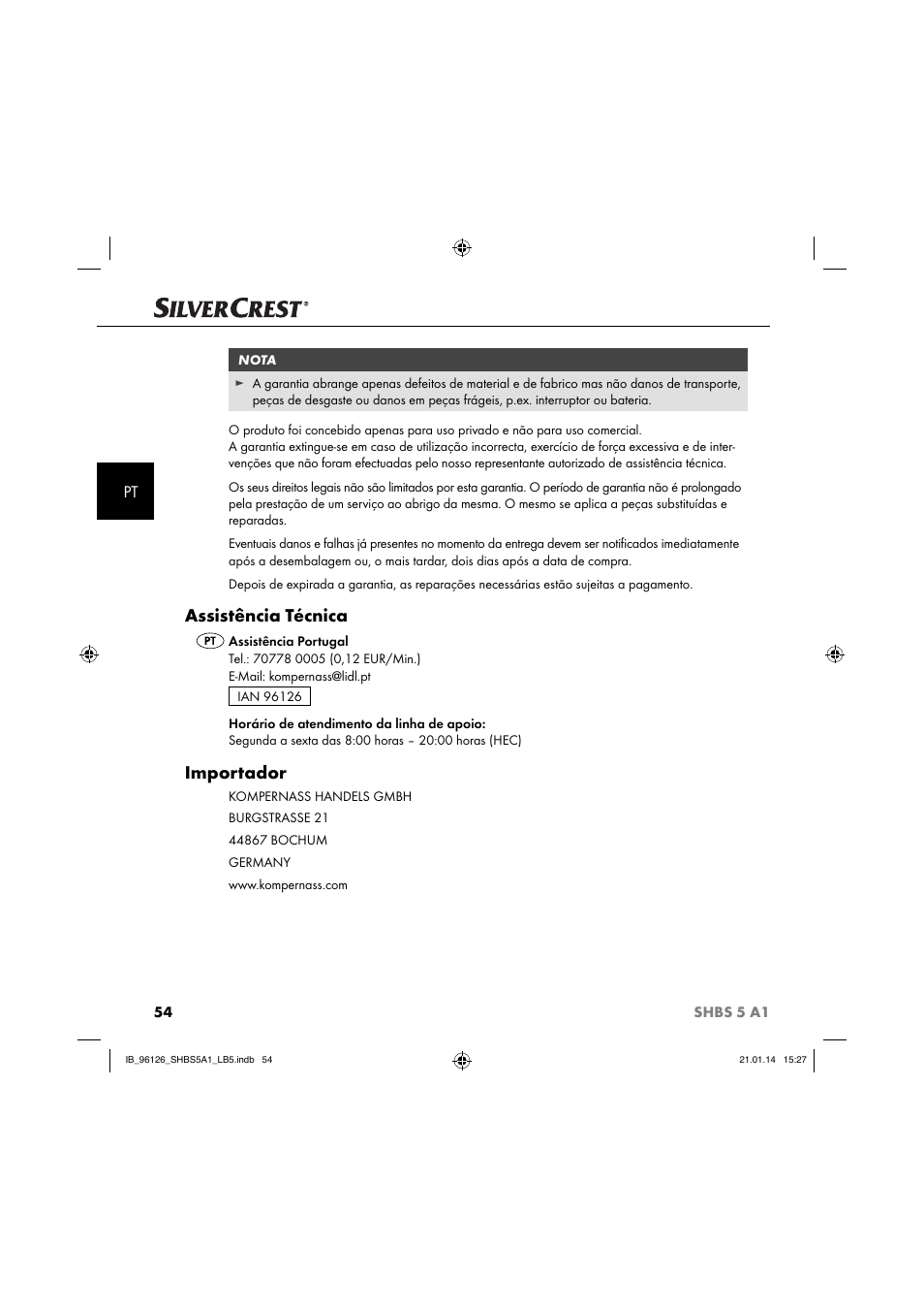 Assistência técnica, Importador | Silvercrest SHBS 5 A1 User Manual | Page 57 / 94