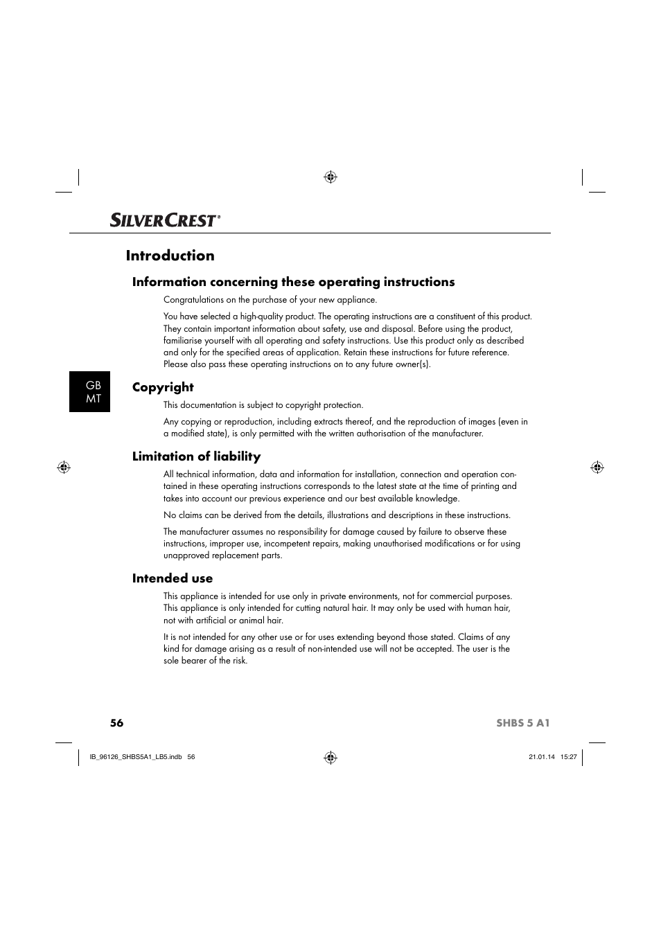 Introduction, Copyright, Limitation of liability | Intended use, Gb mt | Silvercrest SHBS 5 A1 User Manual | Page 59 / 94