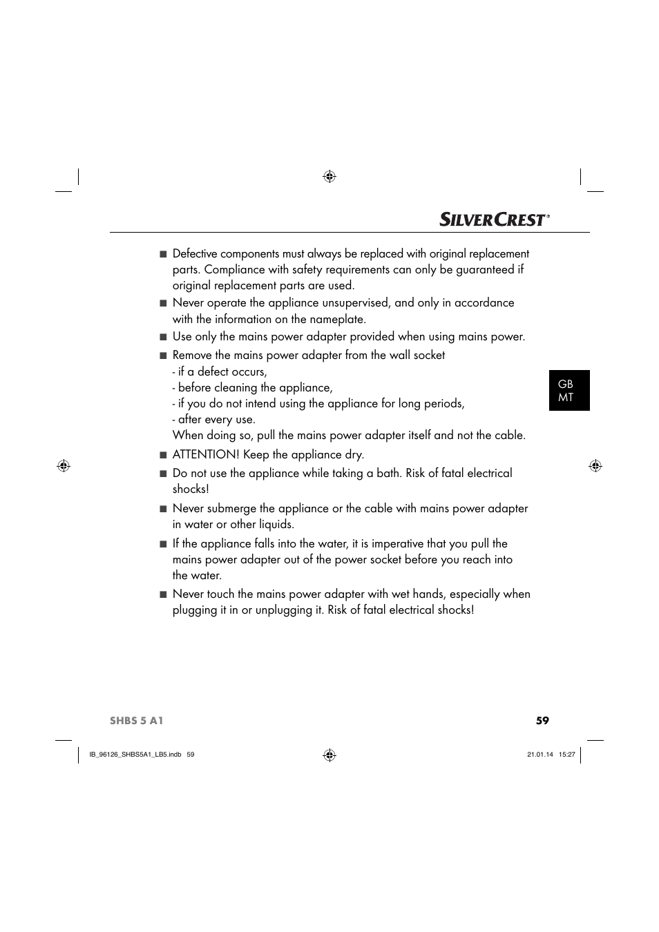 Attention! keep the appliance dry, Gb mt | Silvercrest SHBS 5 A1 User Manual | Page 62 / 94