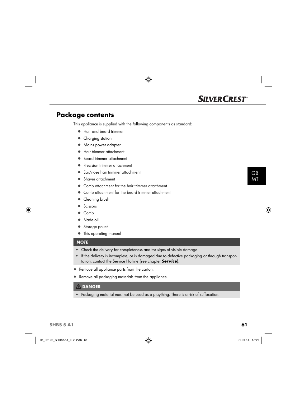 Package contents, Gb mt | Silvercrest SHBS 5 A1 User Manual | Page 64 / 94