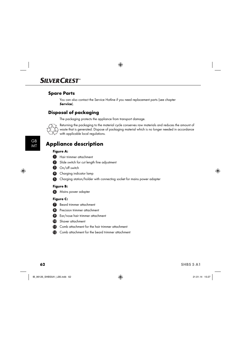 Appliance description, Spare parts, Disposal of packaging | Gb mt | Silvercrest SHBS 5 A1 User Manual | Page 65 / 94