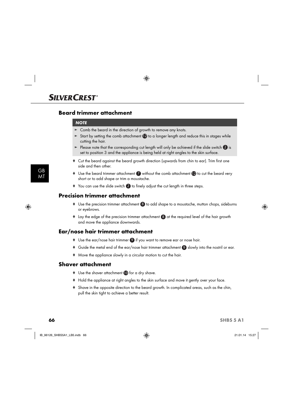 Beard trimmer attachment, Precision trimmer attachment, Ear/nose hair trimmer attachment | Shaver attachment, Gb mt | Silvercrest SHBS 5 A1 User Manual | Page 69 / 94