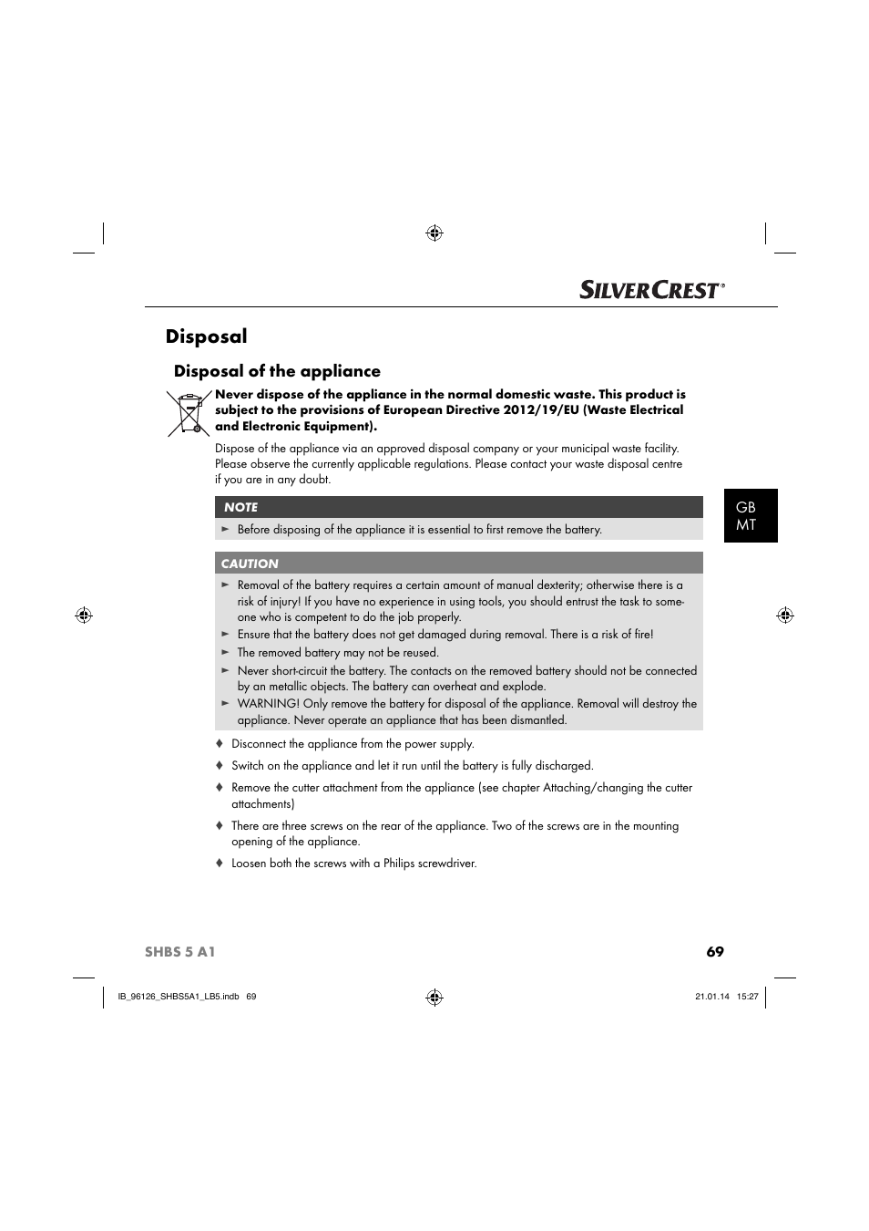 Disposal, Disposal of the appliance, Gb mt | Silvercrest SHBS 5 A1 User Manual | Page 72 / 94