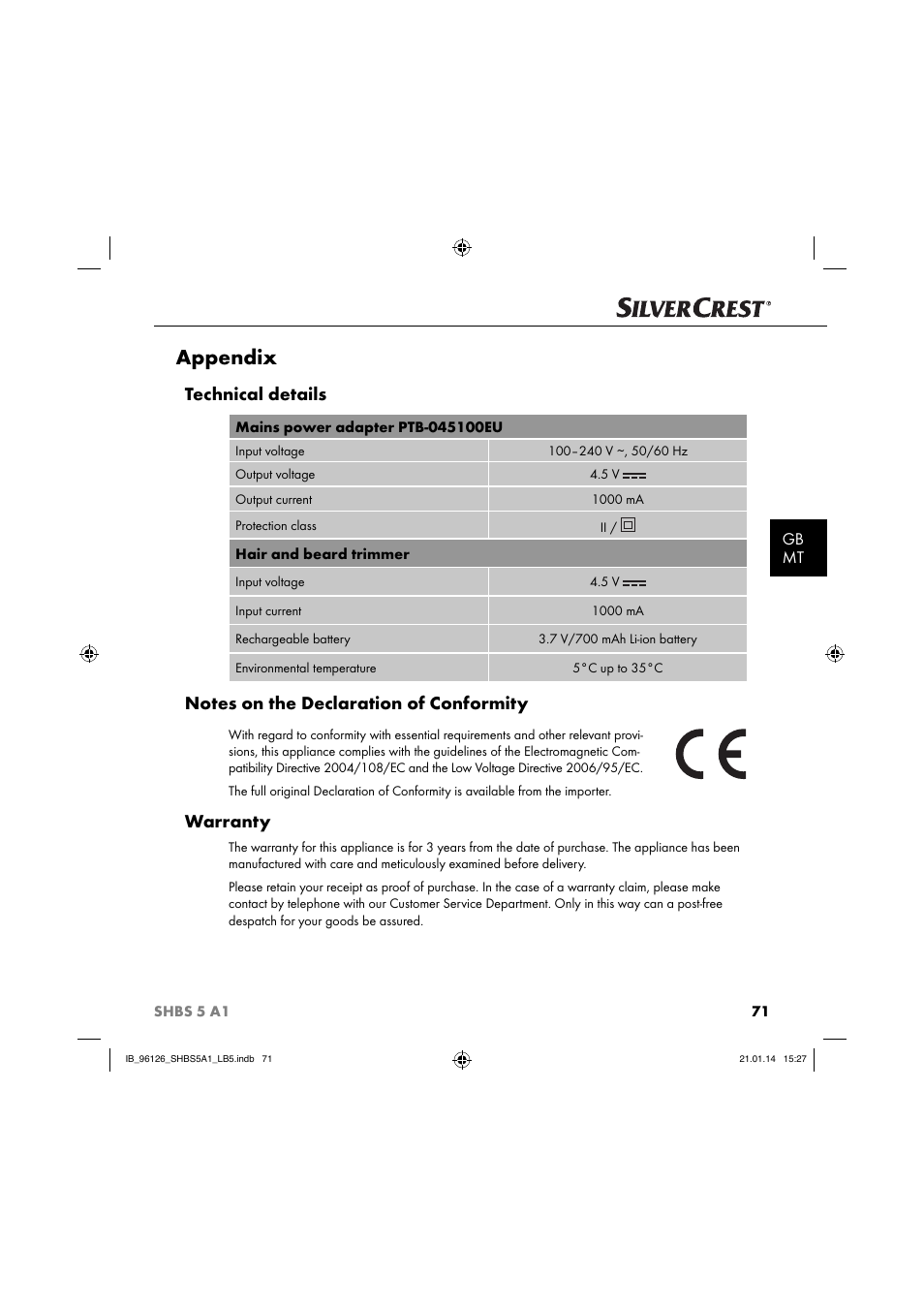 Appendix, Technical details, Warranty | Gb mt | Silvercrest SHBS 5 A1 User Manual | Page 74 / 94