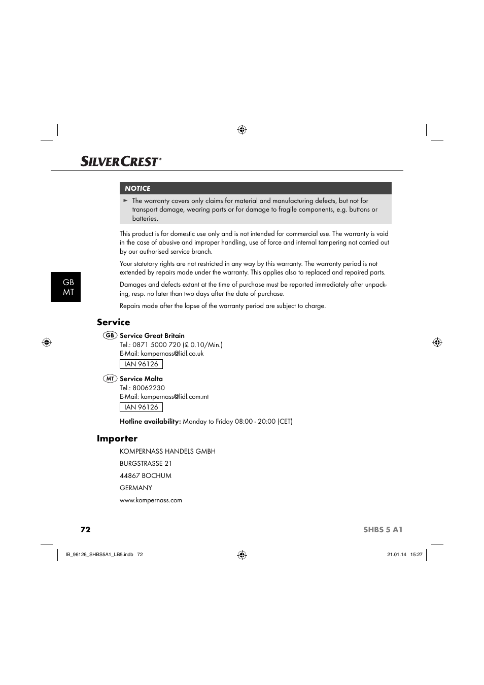 Service, Importer, Gb mt | Silvercrest SHBS 5 A1 User Manual | Page 75 / 94