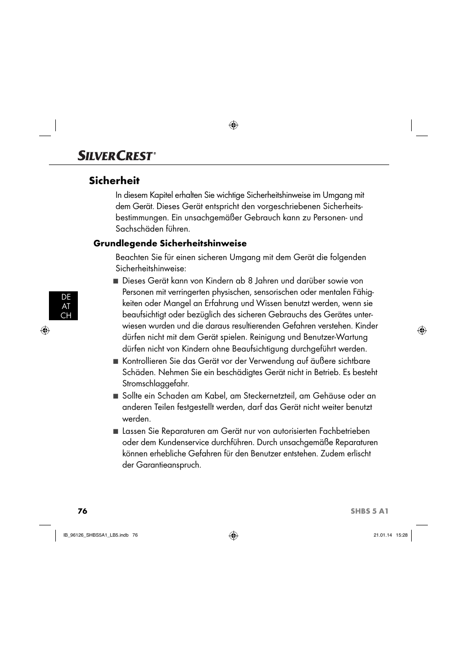 Sicherheit | Silvercrest SHBS 5 A1 User Manual | Page 79 / 94