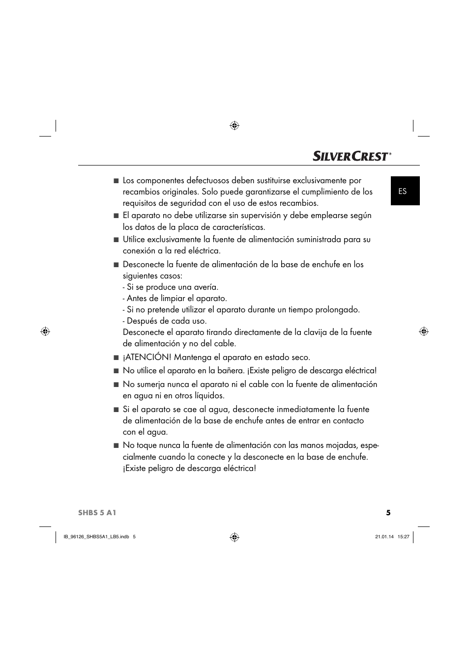 Atención! mantenga el aparato en estado seco | Silvercrest SHBS 5 A1 User Manual | Page 8 / 94