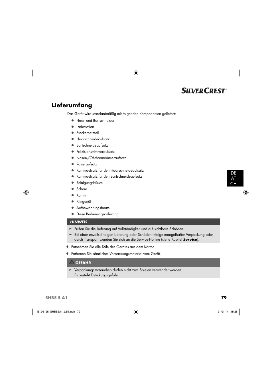 Lieferumfang, De at ch | Silvercrest SHBS 5 A1 User Manual | Page 82 / 94