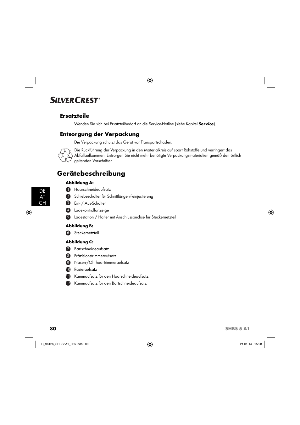 Gerätebeschreibung, Ersatzteile, Entsorgung der verpackung | De at ch | Silvercrest SHBS 5 A1 User Manual | Page 83 / 94