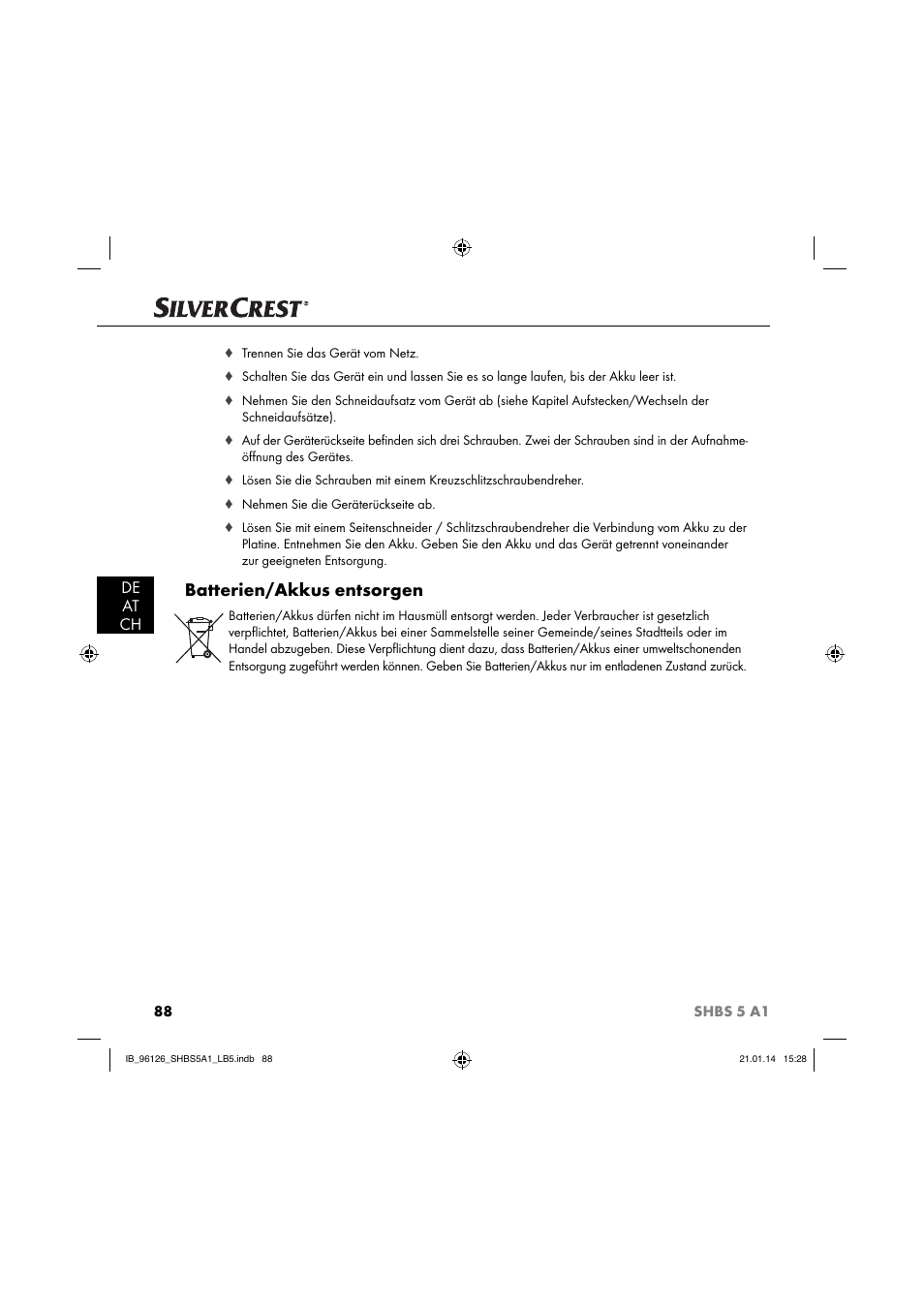 Batterien/akkus entsorgen, De at ch | Silvercrest SHBS 5 A1 User Manual | Page 91 / 94
