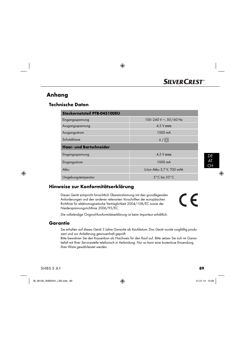 Anhang, Technische daten, Hinweise zur konformitätserklärung | Garantie, De at ch | Silvercrest SHBS 5 A1 User Manual | Page 92 / 94
