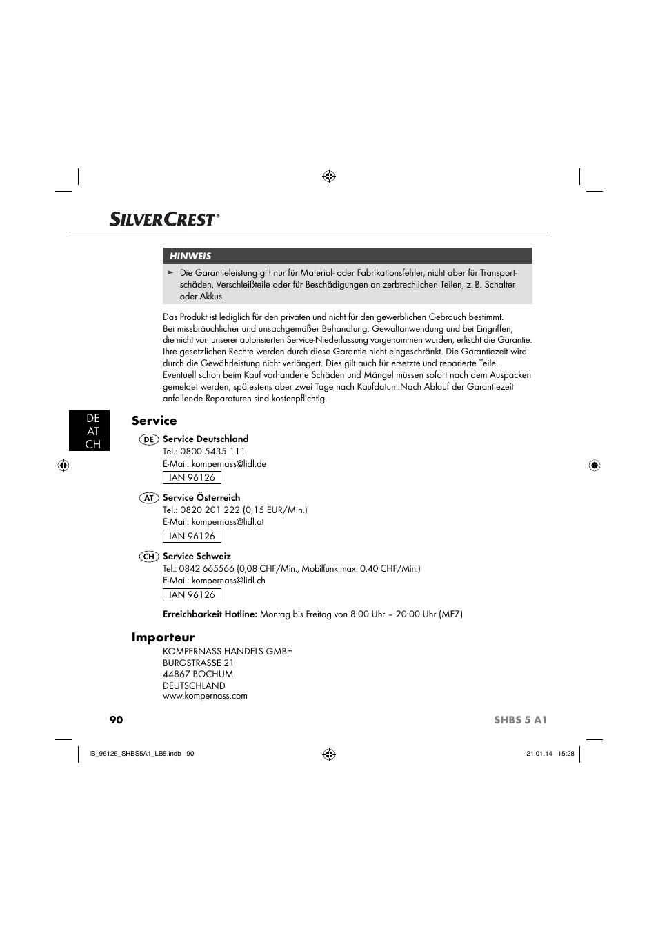 Service, Importeur, De at ch | Silvercrest SHBS 5 A1 User Manual | Page 93 / 94