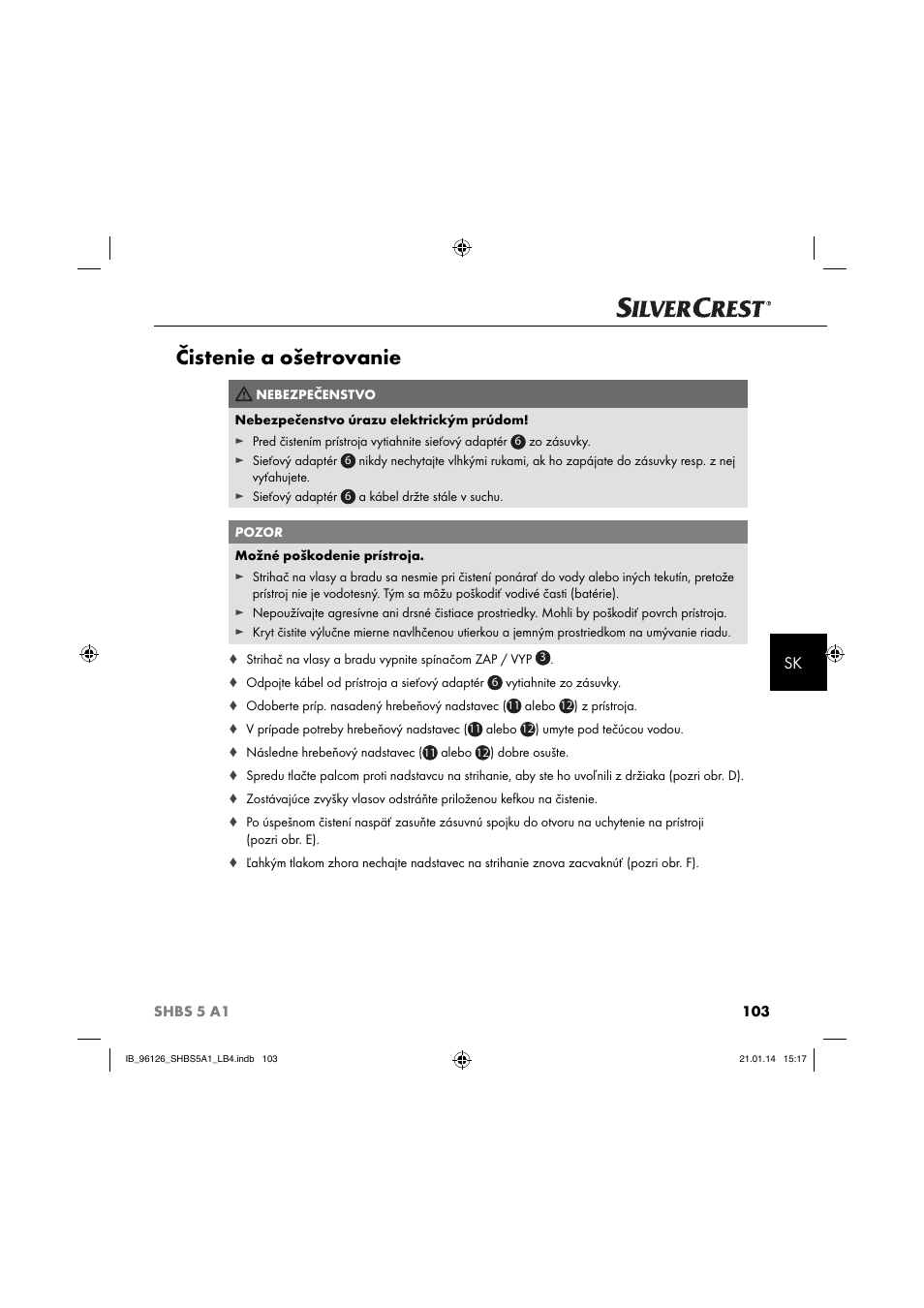 Čistenie a ošetrovanie | Silvercrest SHBS 5 A1 User Manual | Page 106 / 130